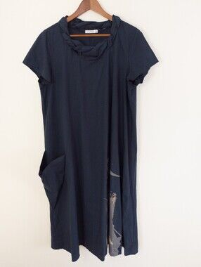 Luukaa Navy Short-Sleeve Midi Dress with Draped Neck